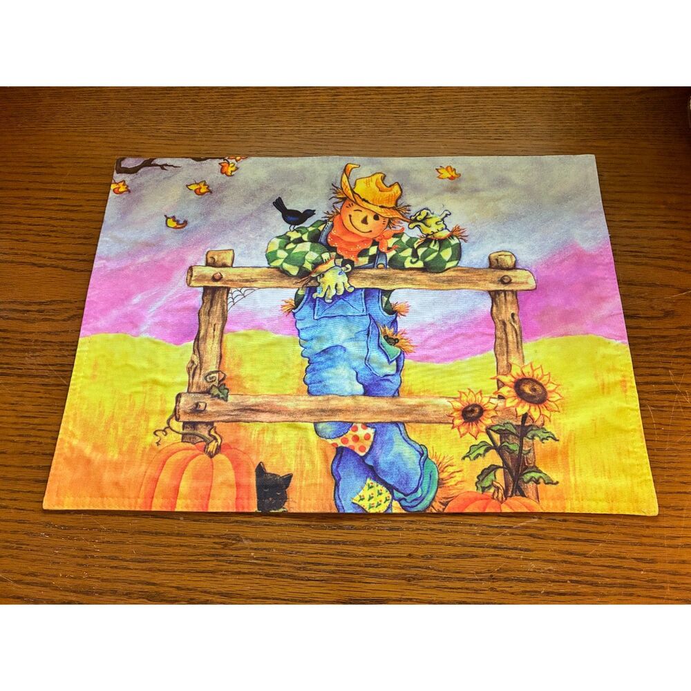 2 Scarecrow Autumn Fall Placemats Black Cat, Flowers Pumpkins 18"x13" Pre-owned